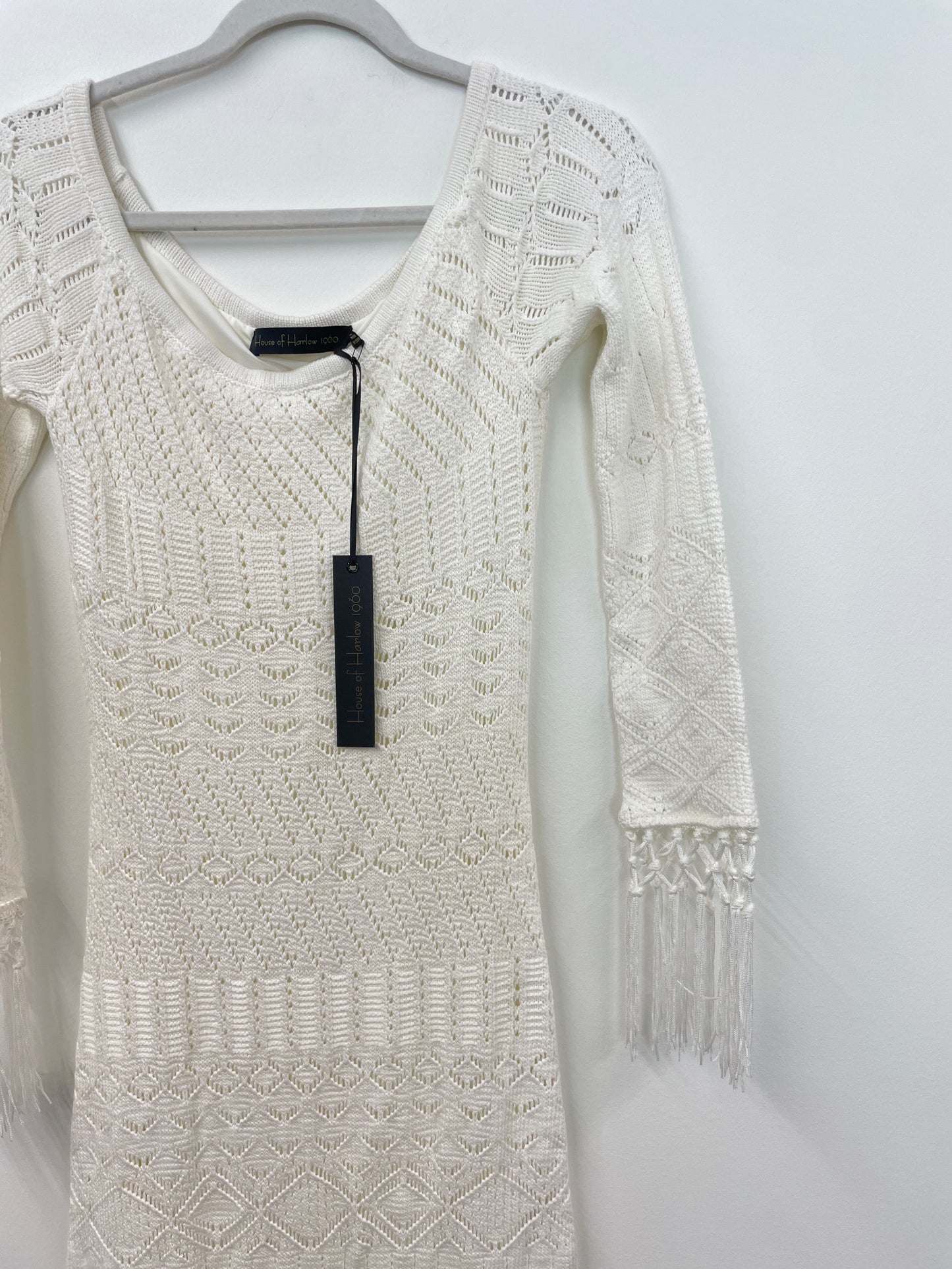 House of Harrow 1960 off the shoulder crochet fitted maxi dress Size M /EUC