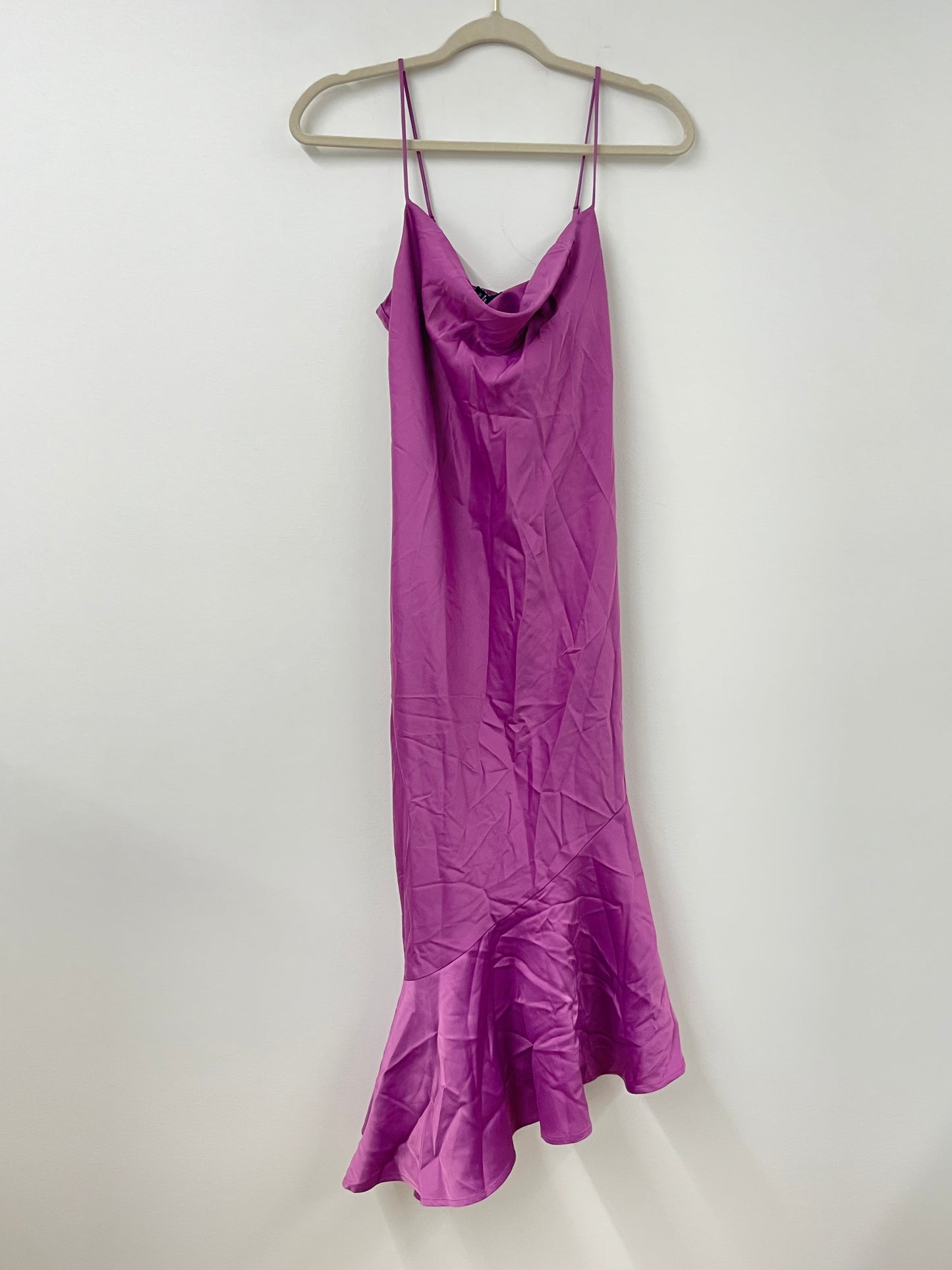Scoop satin asymmetrical ruffle cami midi dress Size S/NWT