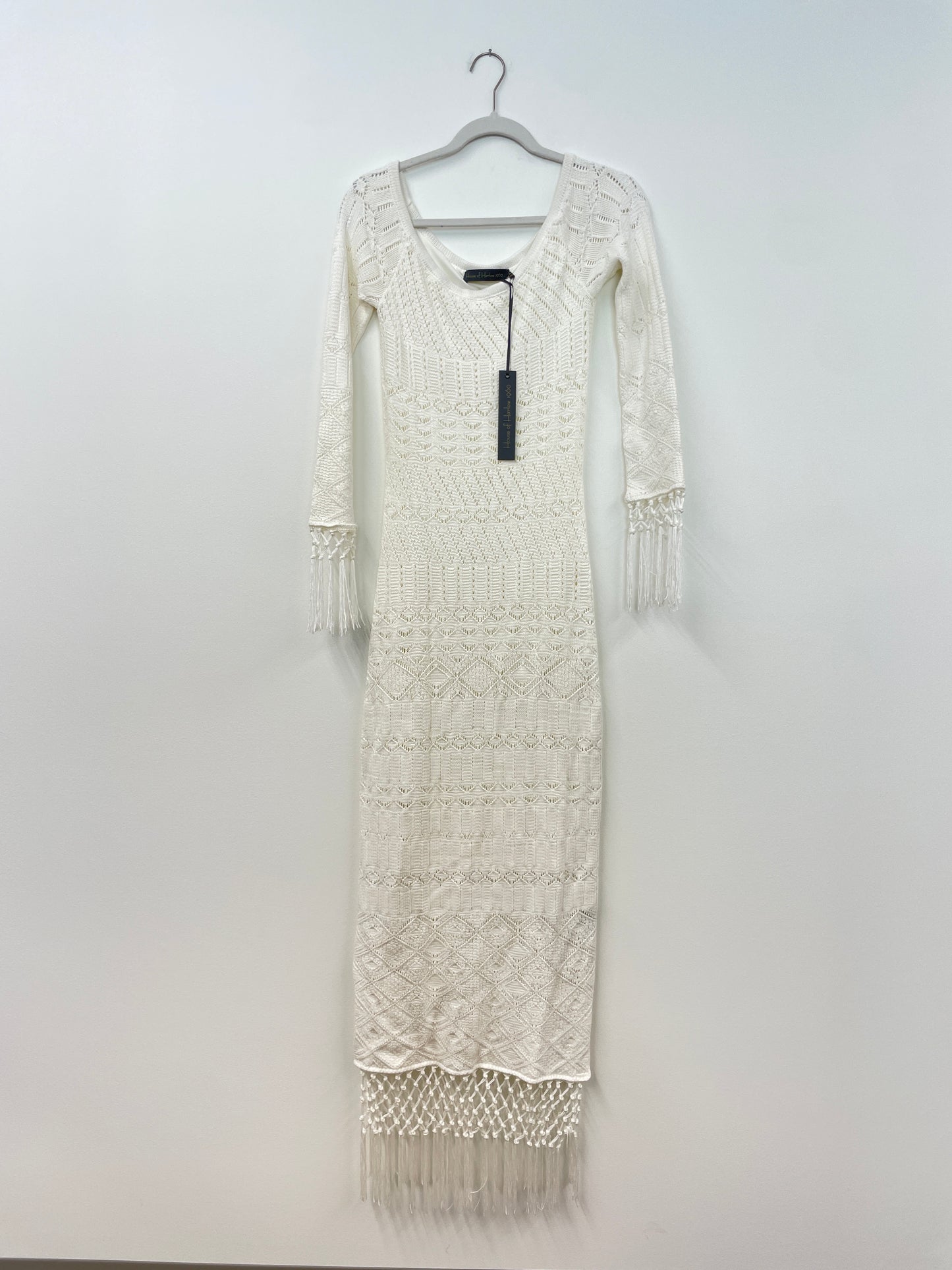 House of Harrow 1960 off the shoulder crochet fitted maxi dress Size M /EUC