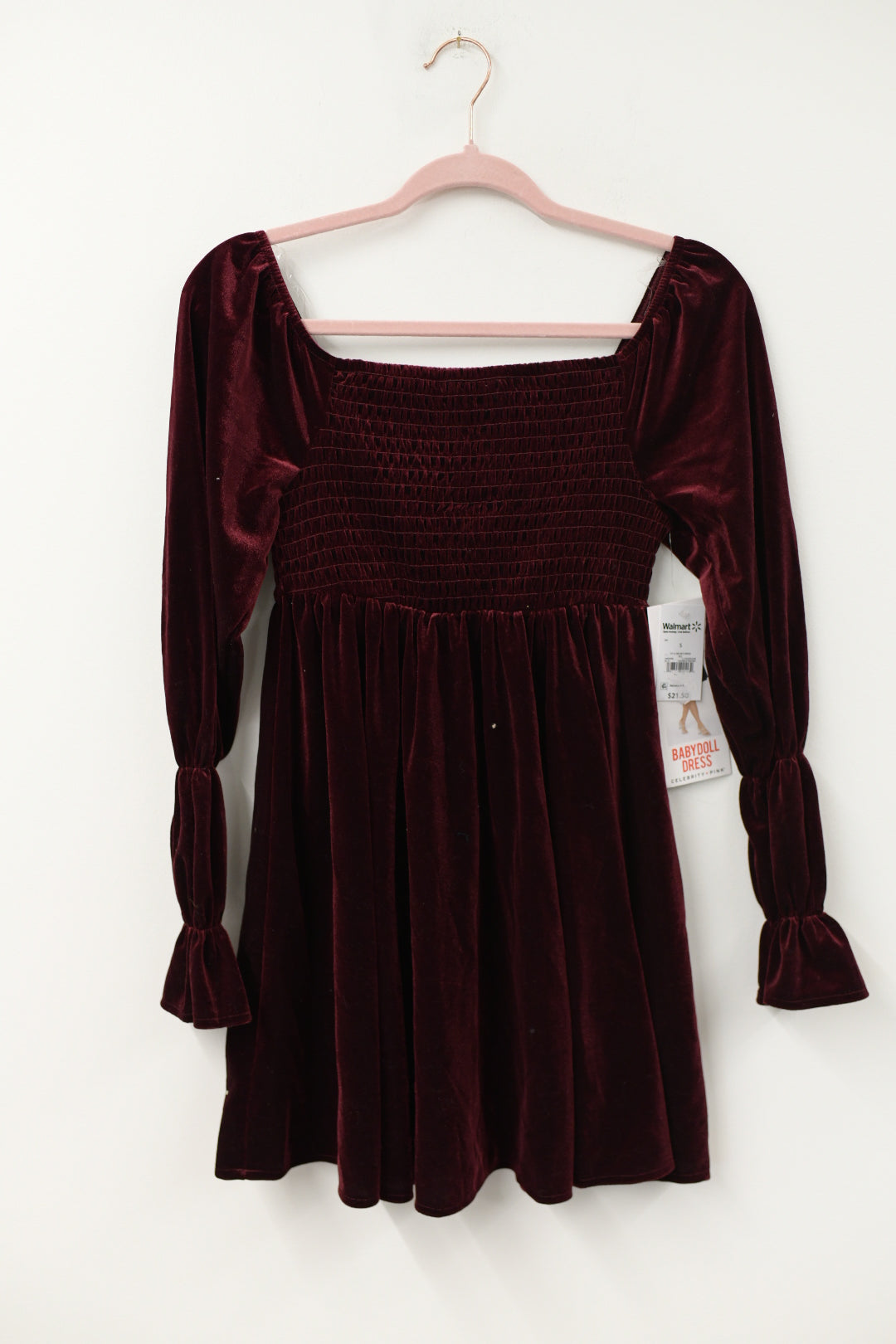 Celebrity Pink long sleeve babydoll velvet mini dress Size S / NWT