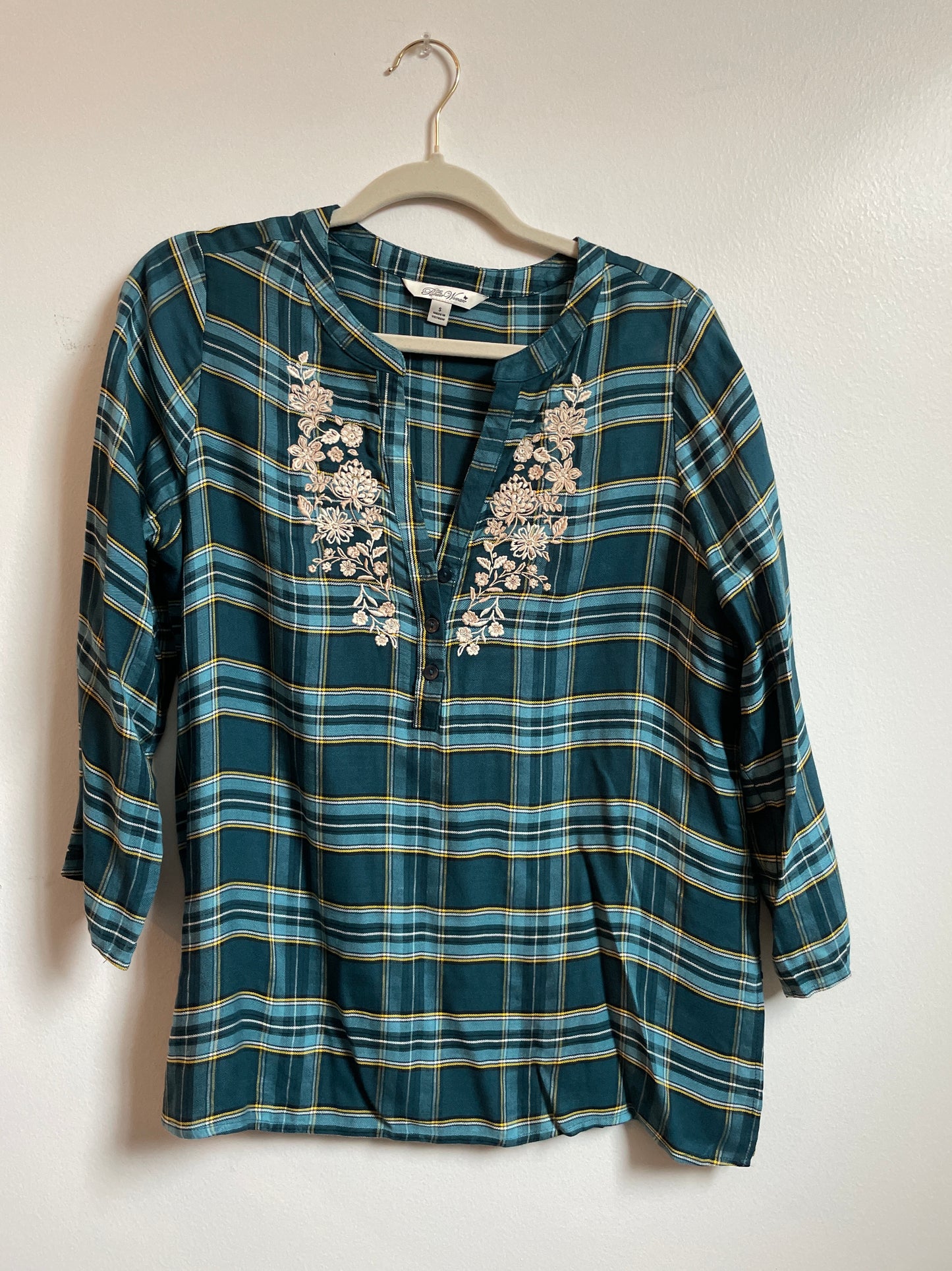 Pioneer Woman embroidered paid tunic 3/4 sleeve shirt \ Size S \ EUC
