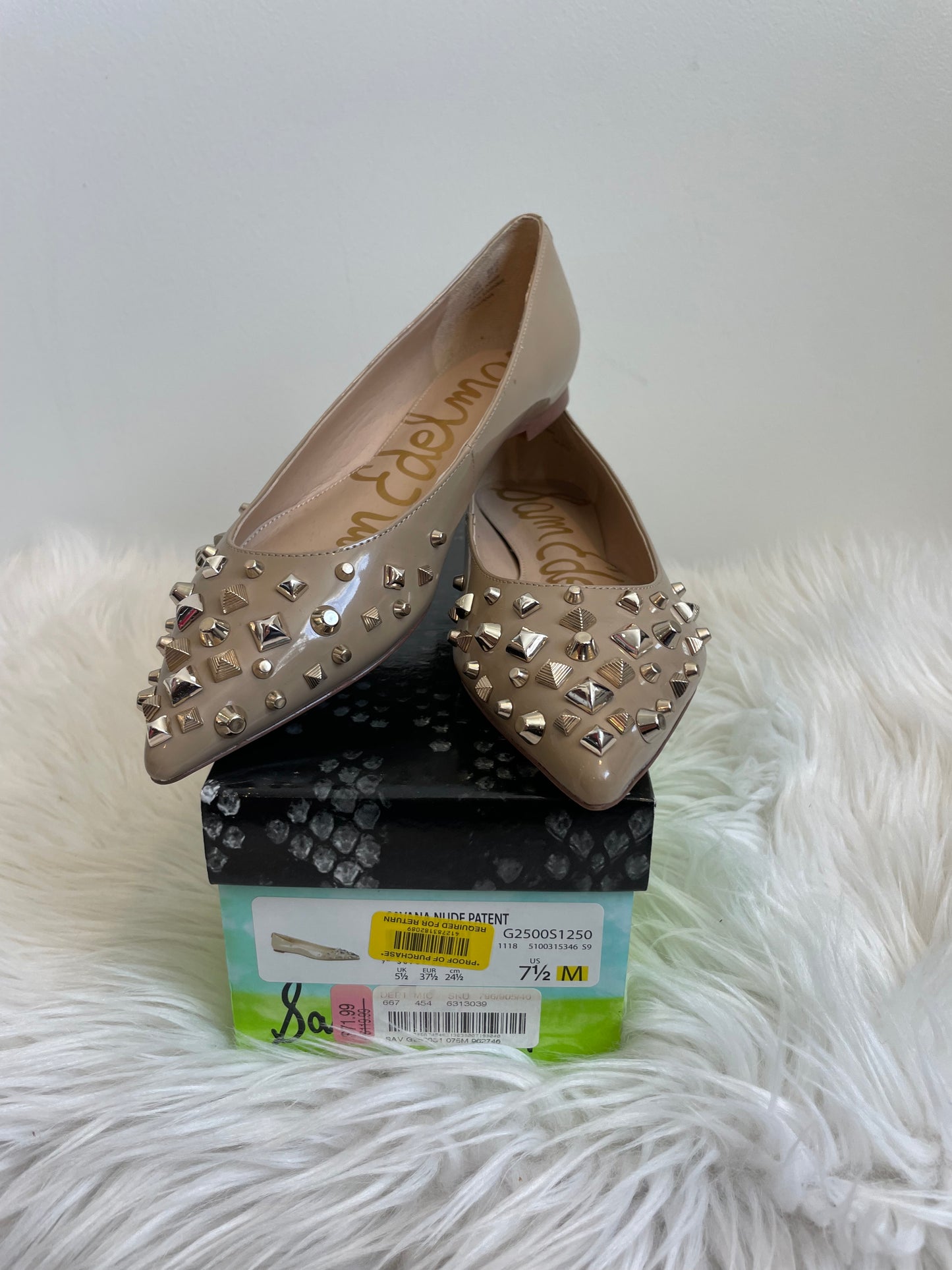 Sam Edelman Flats Beige Faux Patent Leather Pointed Toe Studded Shoes Size 7.5