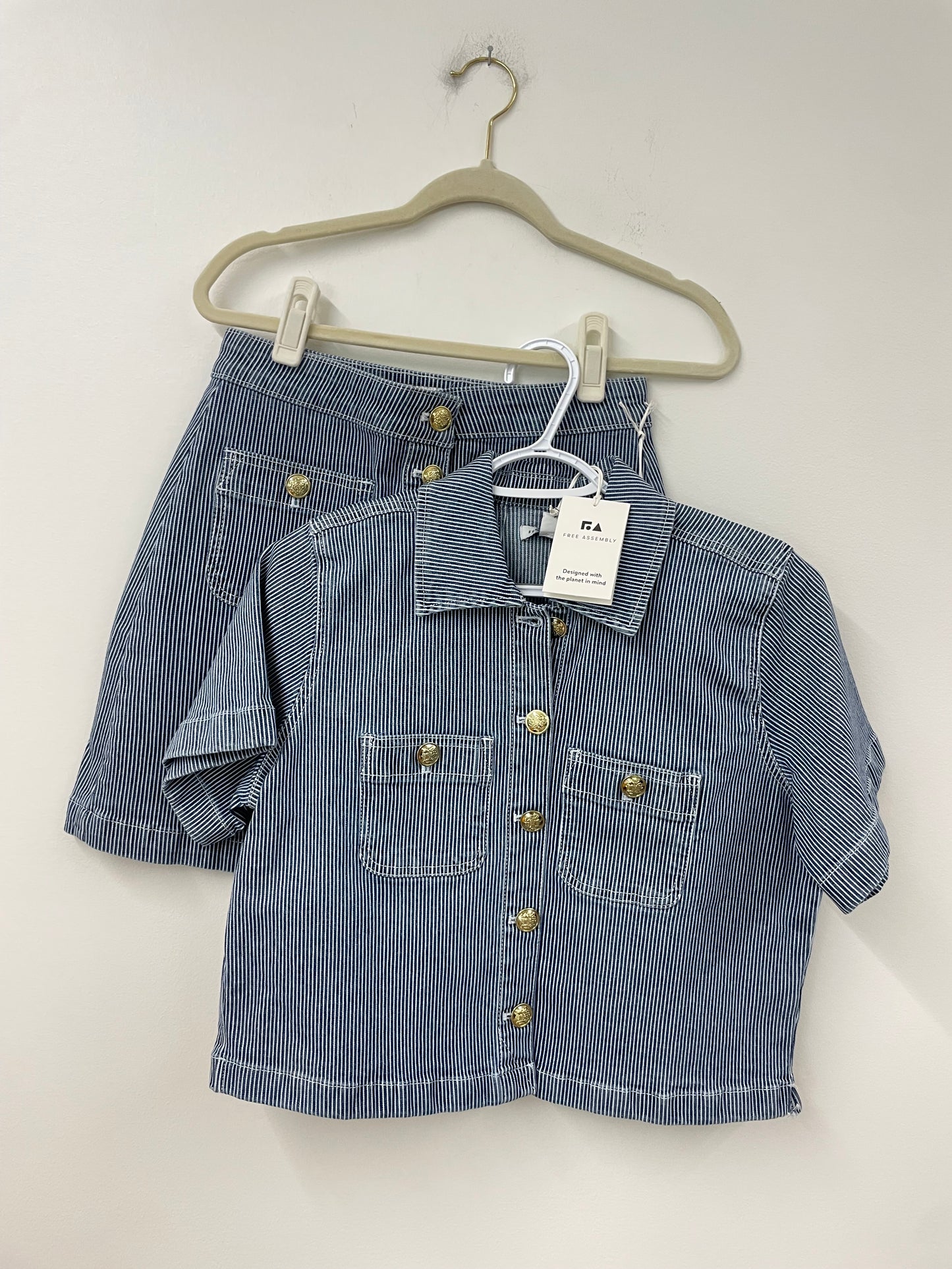 Free Assembly crop denim shirt and button mini skirt set / NWT