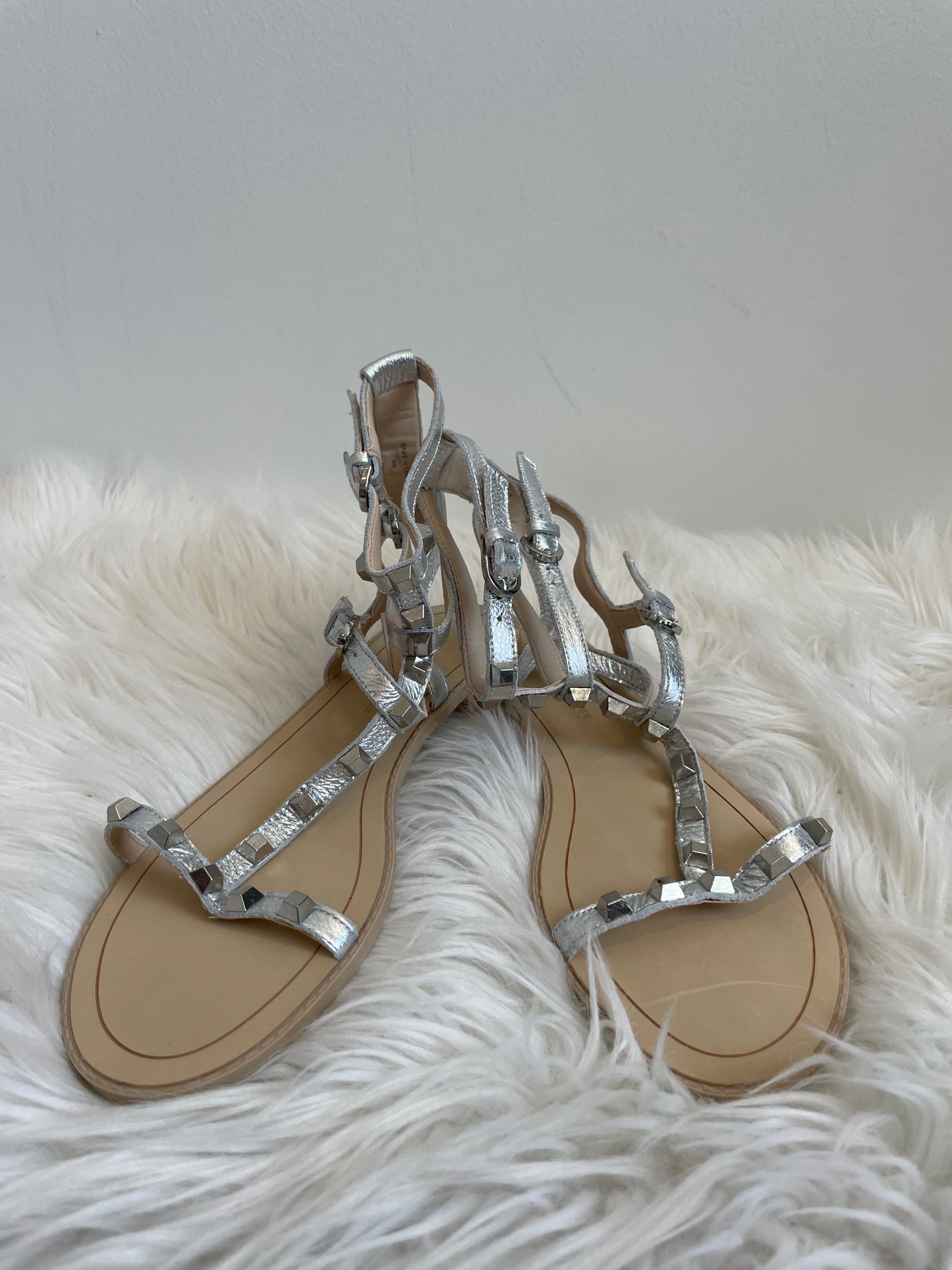 REBECCA Minkoff Metallic silver Leather Gladiator Sandals with studs Size 8