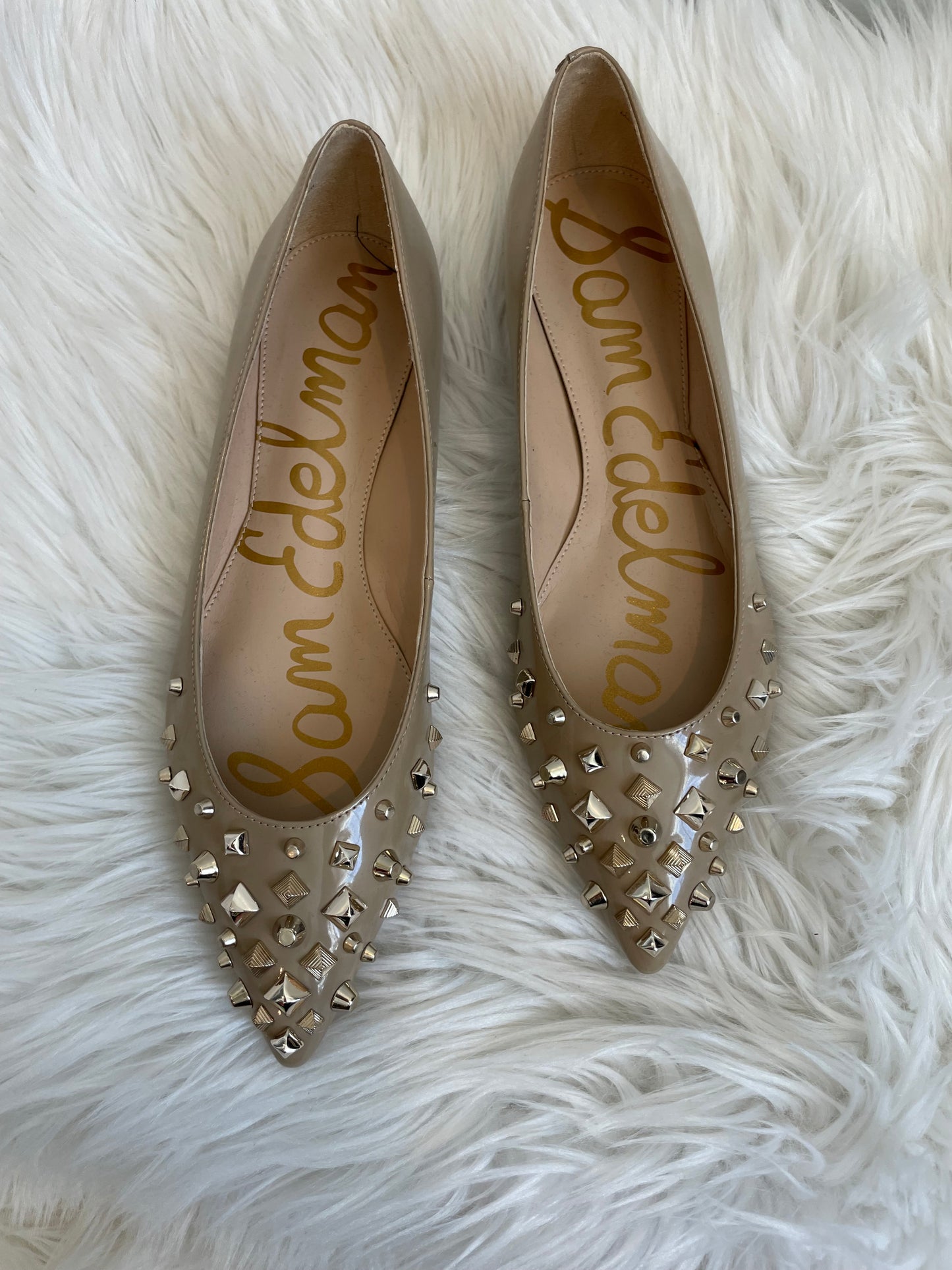 Sam Edelman Flats Beige Faux Patent Leather Pointed Toe Studded Shoes Size 7.5