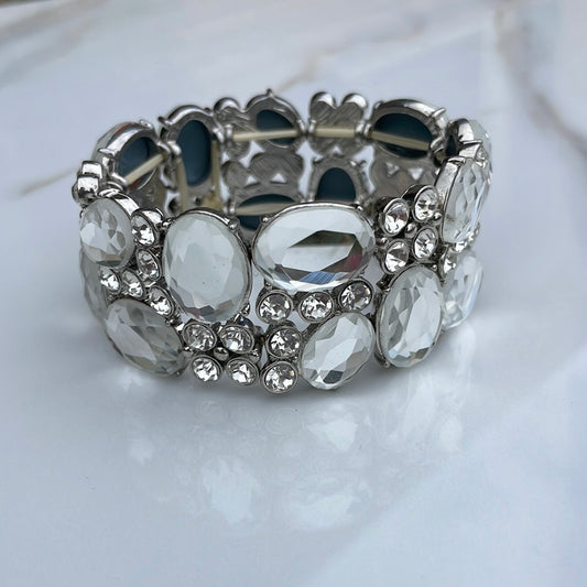 Silver Finished Clear Color Rhinestones Stretchable Bangle Statement Chunky Bracelet