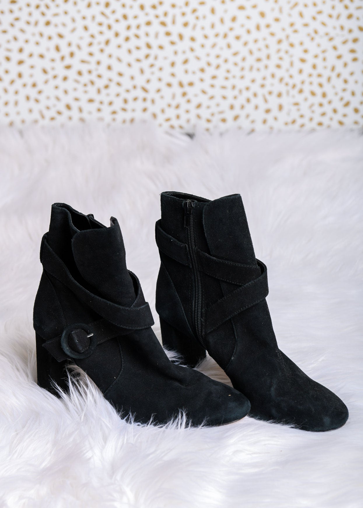 Ann Taylor black suede leather heeled strap buckle ankle boots size 8&1/2